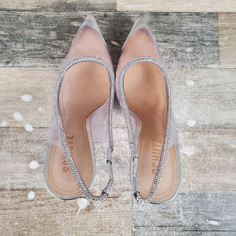 Schutz Audrey Womens Pumps Sz 7.5 B Silver Cristal Leather Slingback High Heels - Picture 4 of 13